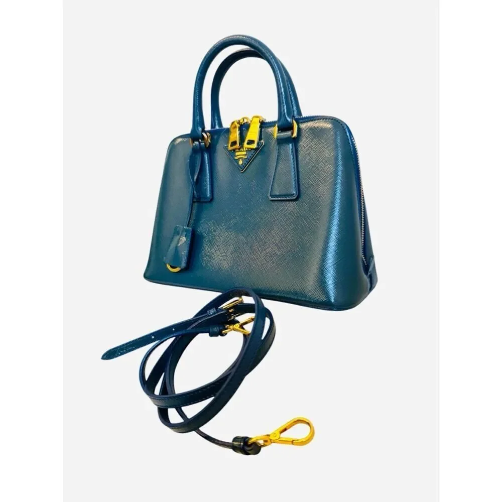 Prada Azzuro Saffiano Vernice Leather Bowler Double-Top Handle Lux Promenade Bag